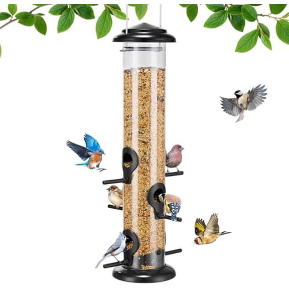 Metal Bird Feeders for Outdoors Hanging, Tube Bird Feeder with 6 Feeding Ports, 15 Inch, Chew-Proof & Weatherproof, Black