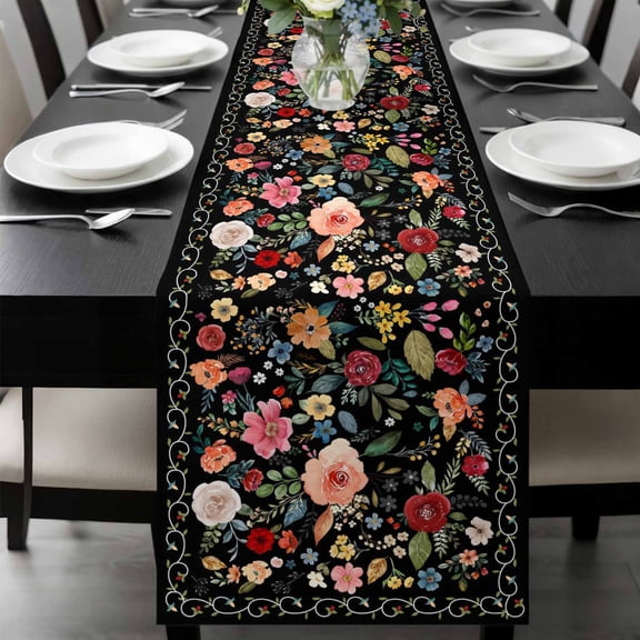 Watercolor Flowers Table Runner 36 Inches Long, Farmhouse Floral Vintage Black Kitchen Coffee Dining Table Decoration for Home Party Birthday Wedding Home Decor 13x36 Inches