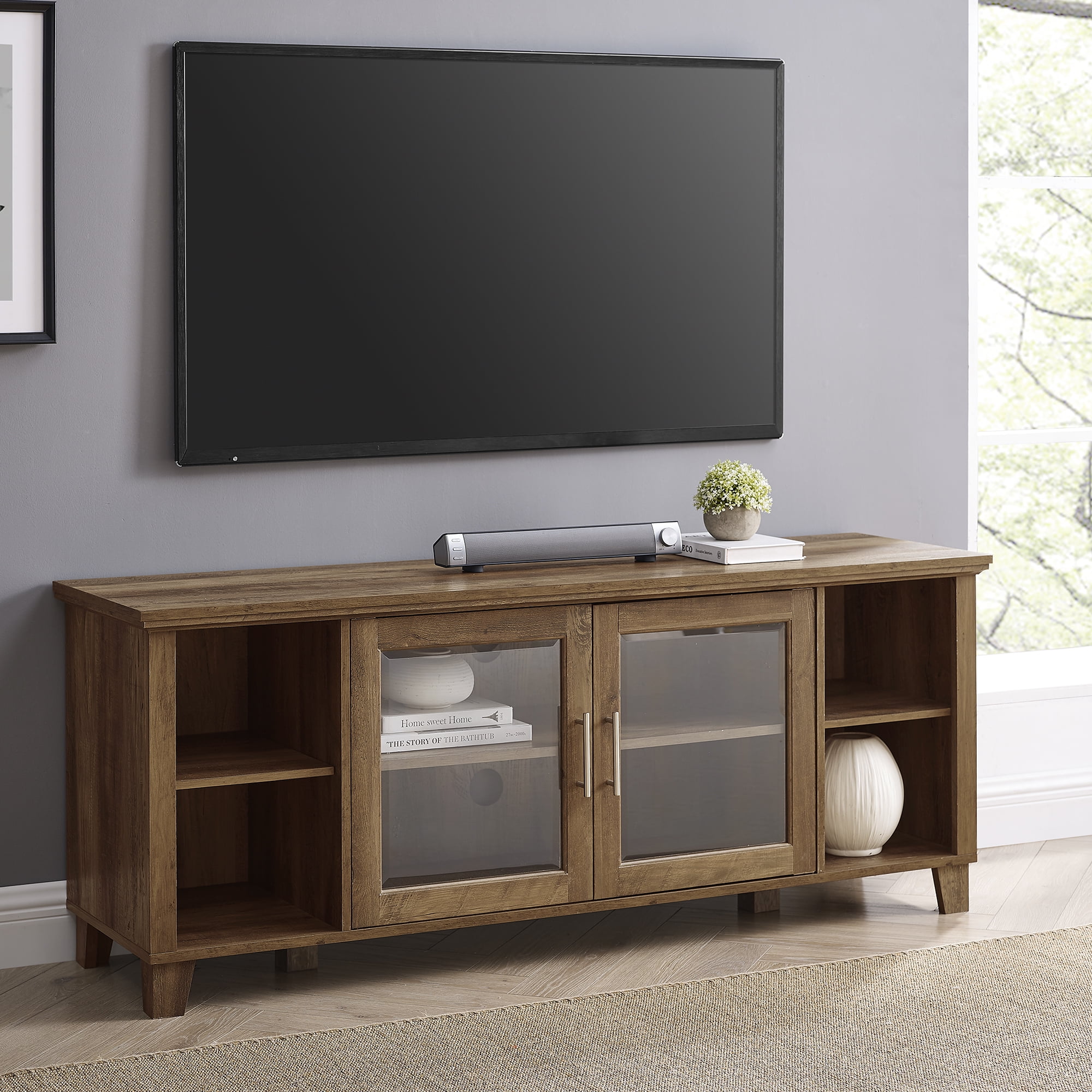 Woven Paths Transitional Glass Door TV Stand for TVs up to 65', Reclaimed Barnwood