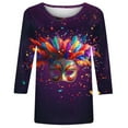 thumbnail image 6 of Ounisa 2025 Womens 3/4 Sleeve Tops Mardi Gras Outfit for Women Fashion Round Neck Clothes Mardi Gras Mask Printed Color Block Blouse, 6 of 7