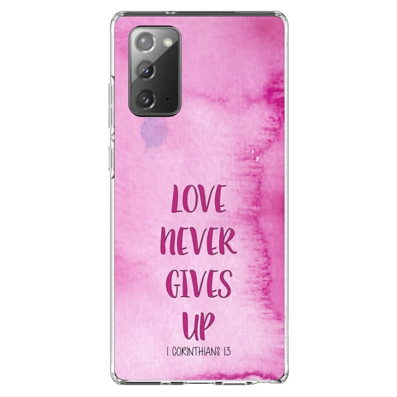 DistinctInk Clear Shockproof Hybrid Case for Samsung Galaxy Note 20 (6.7" Screen) - TPU Bumper, Acrylic Back, Tempered Glass Screen Protector - 1 Corinthians 13 - Love Never Gives Up - Christ