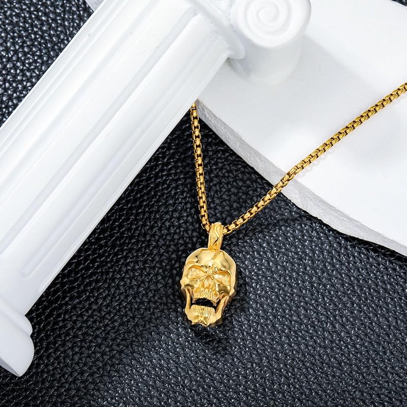 DVEATR Skull Head Necklace 925 Sterling Silver/18K Gold Plated/Black Gothic Skull Jewelry for Men, with Stainless Steel Chain 22+2 Inch