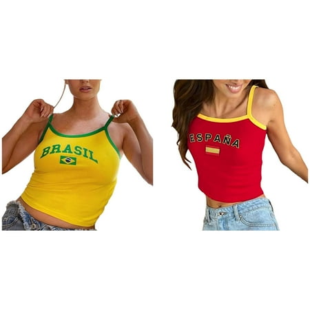 2-Pack Baby Tees For Women Tops Brazil Crop Top T Shirts Graphic Tees For Women Vintage 90s Streetwear Shirts Baggy Womens Tops 3xl Tops Camisole with Bra Women Loose Women Low Cut Shirt Women A