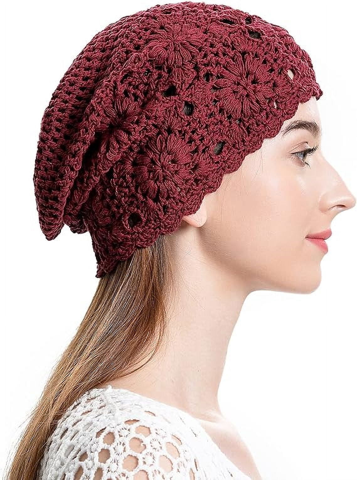 Handmade Crochet Slouchy Beanie and Beret Hat Cutout Floral Knit Skull Cap Crochet Slouchy Beanie Hat Fall Handmade Knit Floral Skull  main image 3