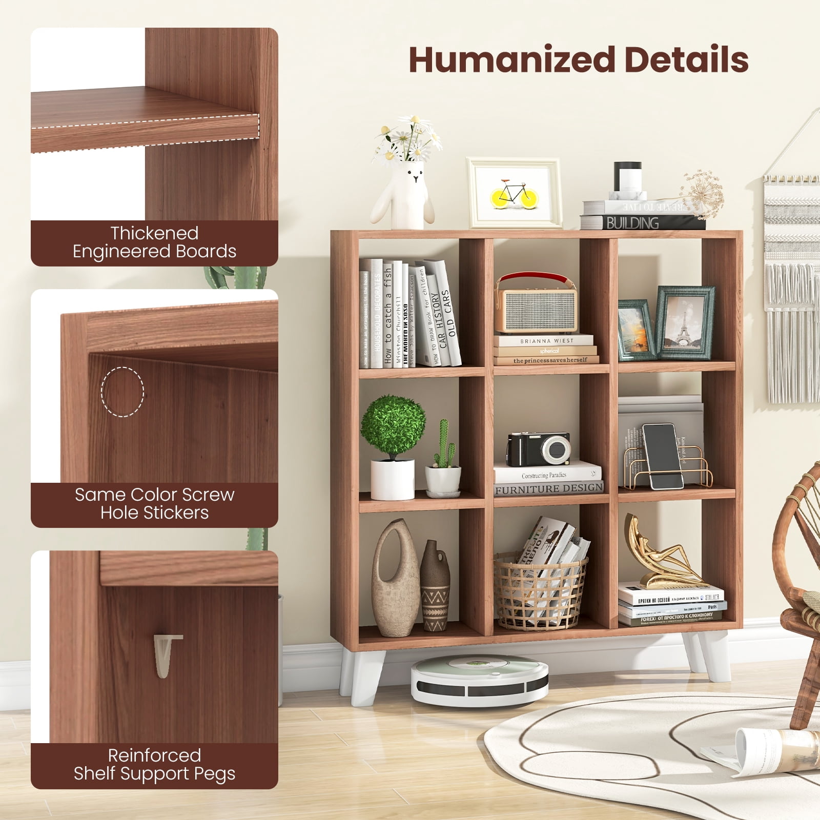 Topbuy 9-Cube Open Bookcase 3-Tier Floor Standing Bookshelf with 4 Slanted Legs 6 Removable Shelves Brown