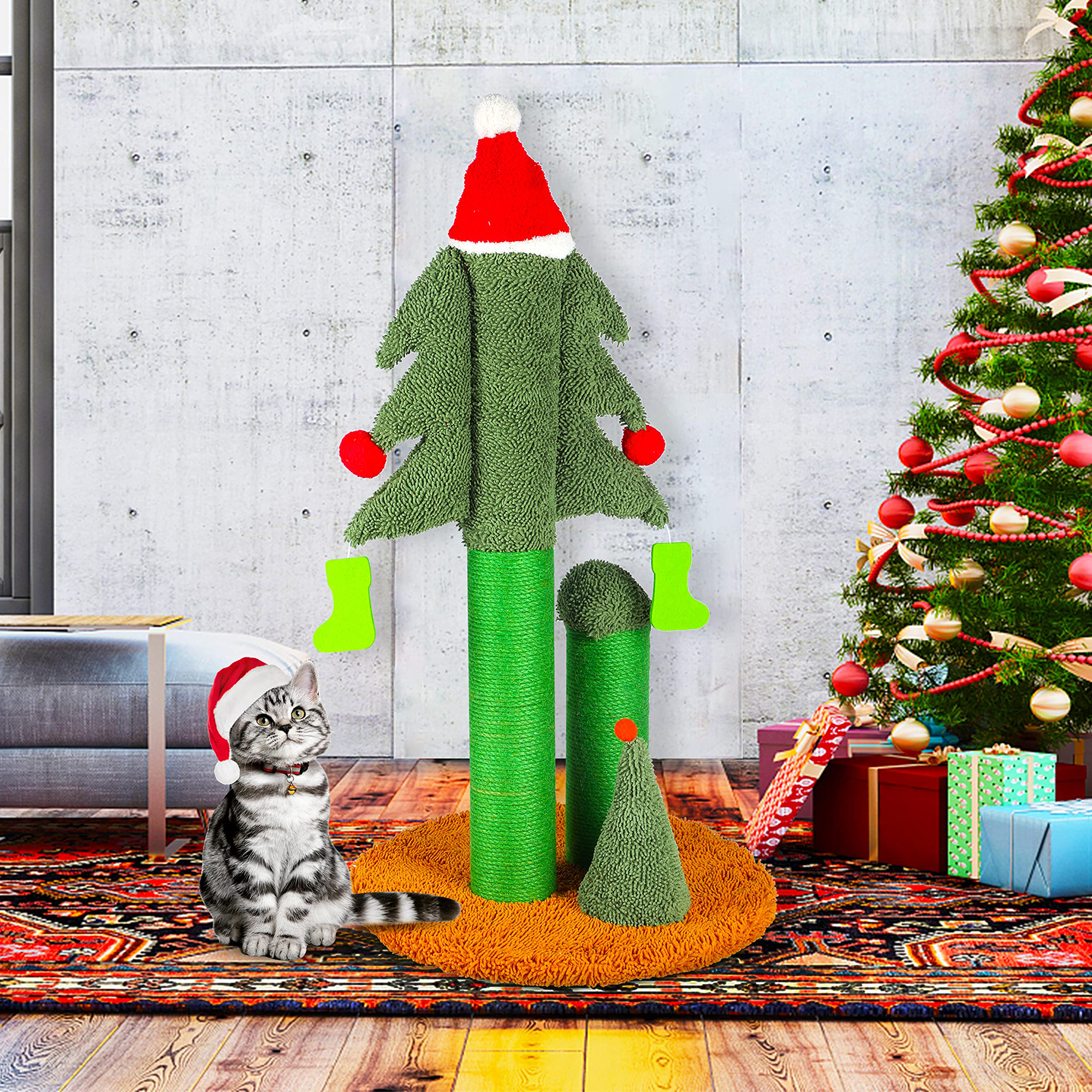 Pefilos 32" Indoor Cat Scratching Post, Christmas Tree Cat Scratcher Post with Natural Sisal Rope, Cat Tree for Small Kitten, Green