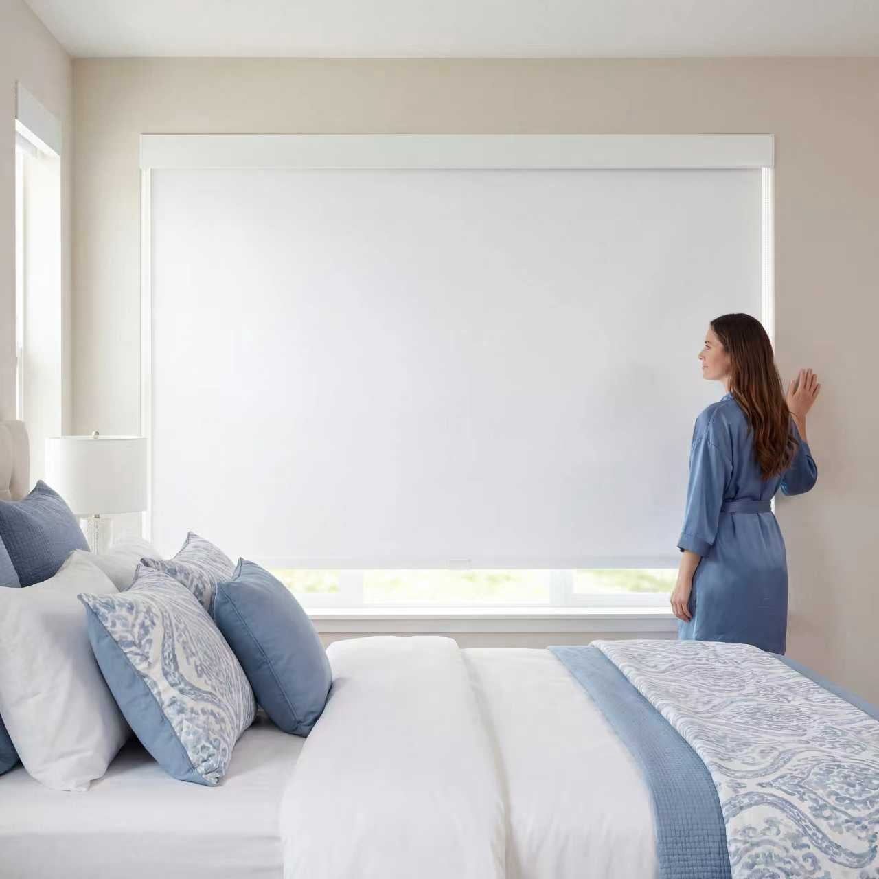 Blackout Roller Shades Cordless Blinds for Windows, Free-Stop Shades with Valance, Natural Woven Blinds for Home and Office