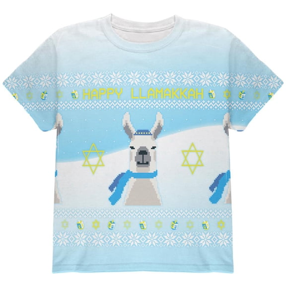 Ugly Christmas Sweater Llama Llamakkah Hanukkah All Over Youth T Shirt Multi YXL