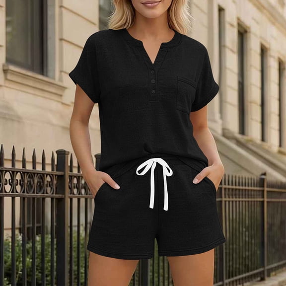 SOOMLON Matching Sets Women Outfits Plus Size Soft Slit Neck Short Sleeve Tees Drawstring Shorts Vacation 2 Piece Set