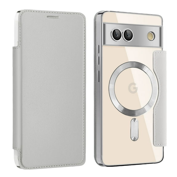 Feishell Flip Case for Google Pixel 9 / 9 Pro with Camera Lens Protect Film,Magnetic Closure PU Leather Folio Case with RFID Blocking Card Slots Luxury Plating Transparent Phone Cover,Grey