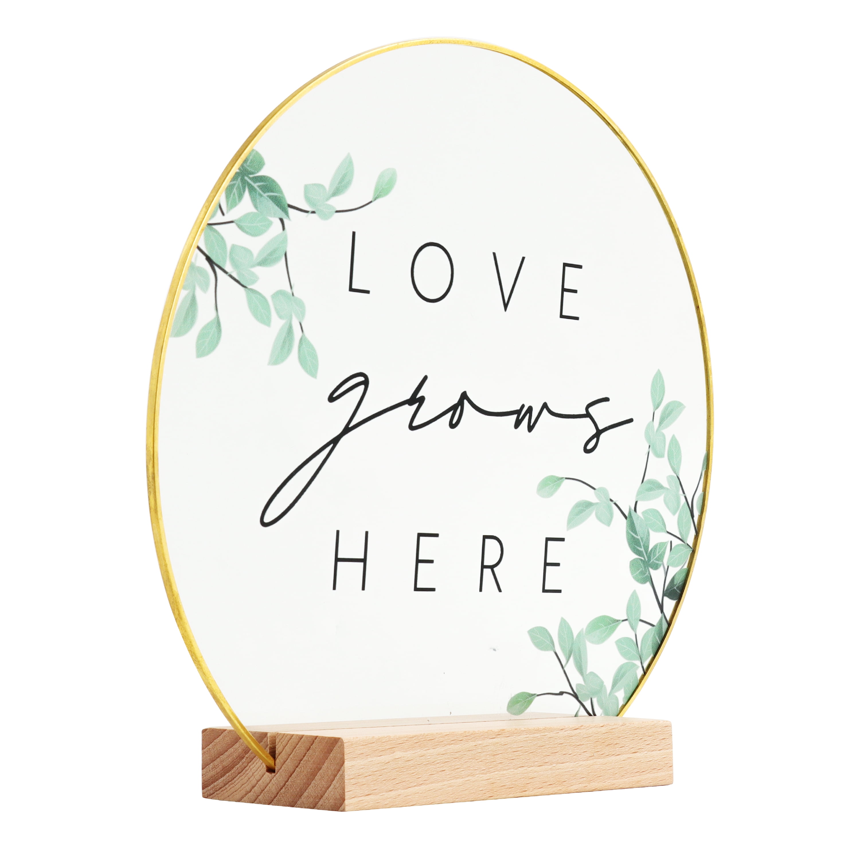 Inspirational "Love Grows Here" Translucent Tabletop Plaque with Solid Wood Base Stand