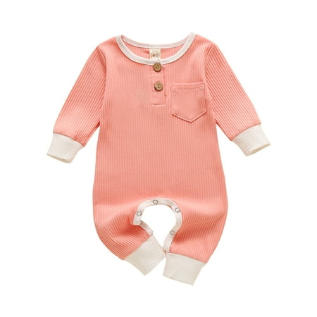 

Canrulo Newborn Baby Boy Girl Jumpsuit Button Solid Romper Knitted Ribbed Bodysuit One-Piece Fall Winter Outfits Pink 3-6 Months