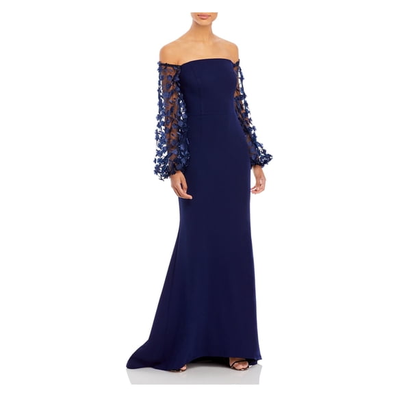 ELIZA J Womens Navy Embroidered Zippered Mesh-sleeve Gown Balloon Sleeve Off Shoulder Full-Length Formal Dress 12