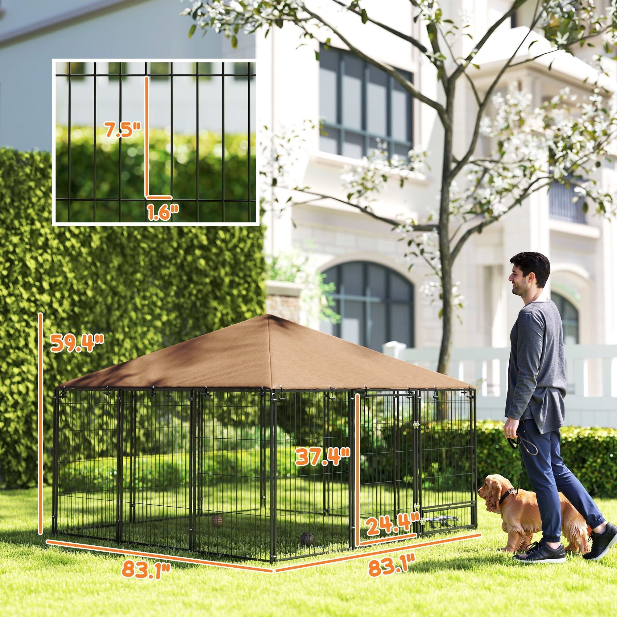 Outside Dog Kennel, Puppy Play Pen with Canopy, Garden Playpen Fence Crate Enclosure Cage Rotating Bowl, Coffee 6.9' x 6.9' x 5'