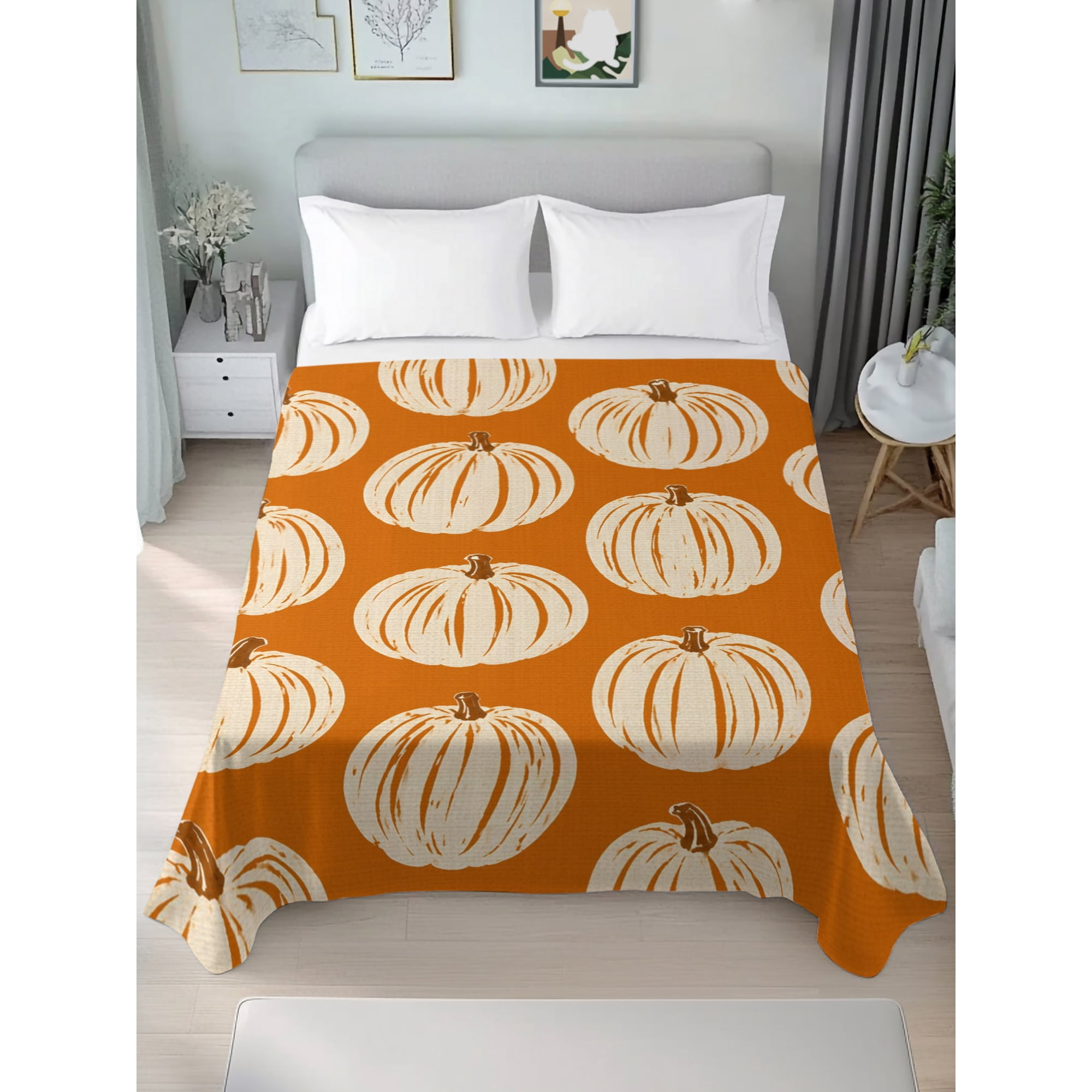 Twin Flat Sheet Only Thanksgiving Pumpkins Seamless Pattern Soft Microfiber Cooling Bedding Sheets Orange Background Flat Bed Sheet for Hotel Home Decor