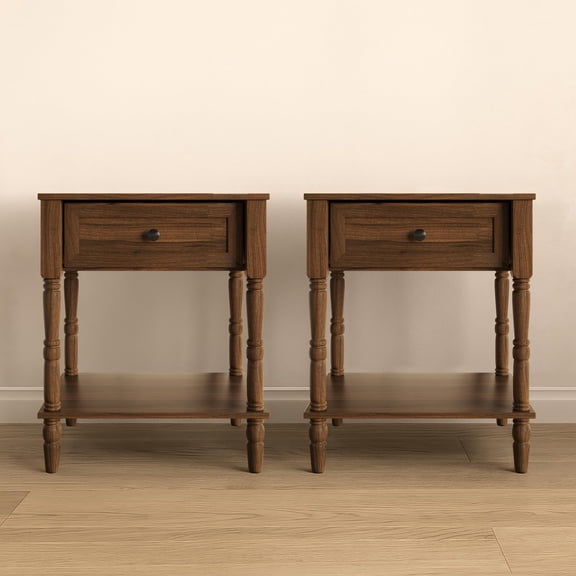Brown 1-Drawer Nightstand Set of 2 with Lower Shelf