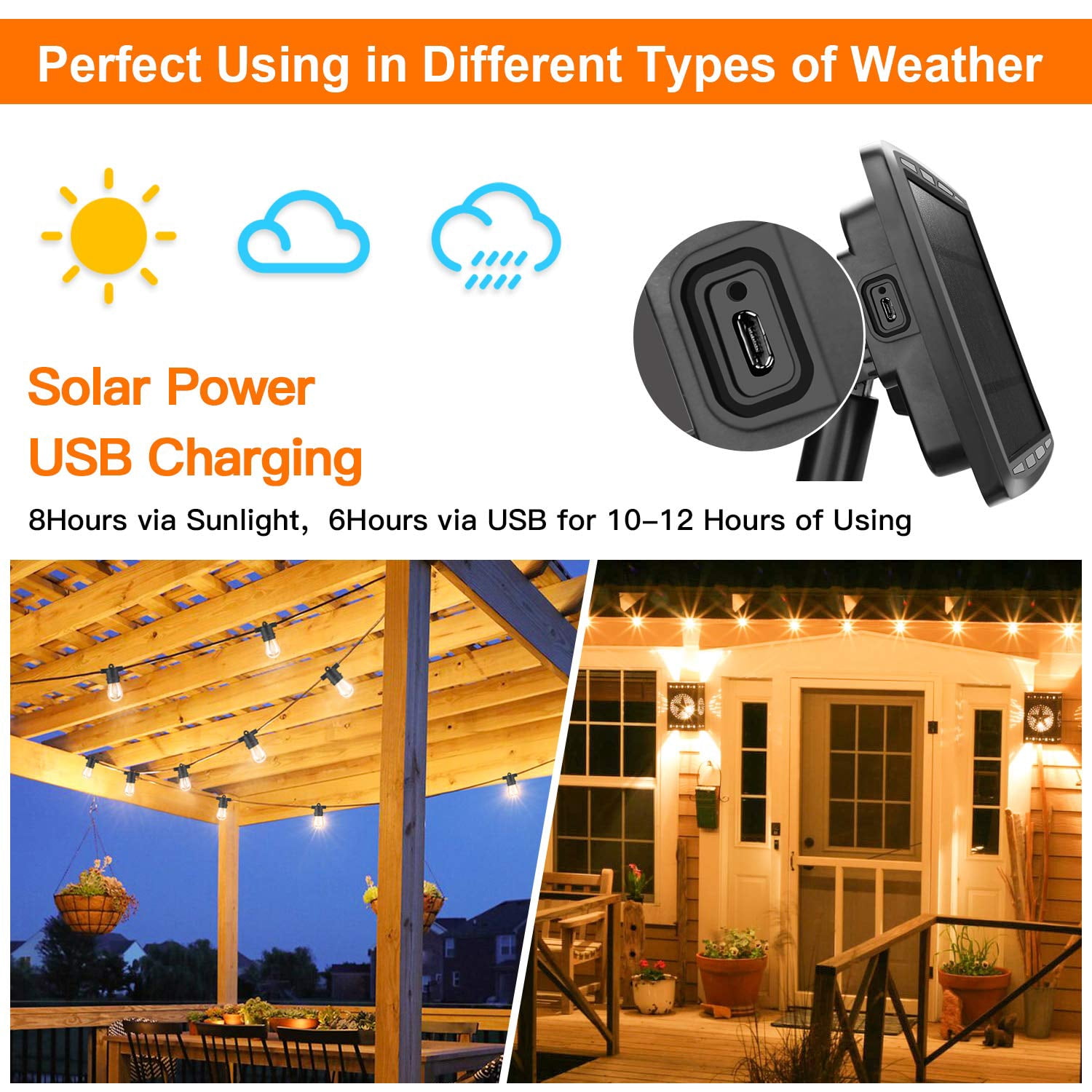 Yi Lighting 48ft Solar-Powered Outdoor String Lights with 15 LED Bulbs Weatherproof for Patio, Porch, Deck, Party Garden