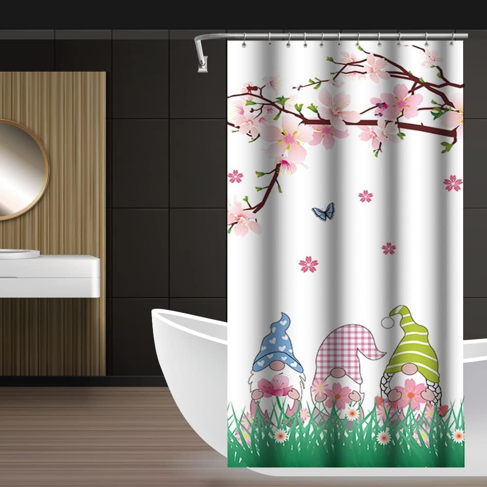 Spring Floral Gnomes Shower Curtain - Colorful Butterfly & Green Plants Bathroom Decor, 69x72 Inches