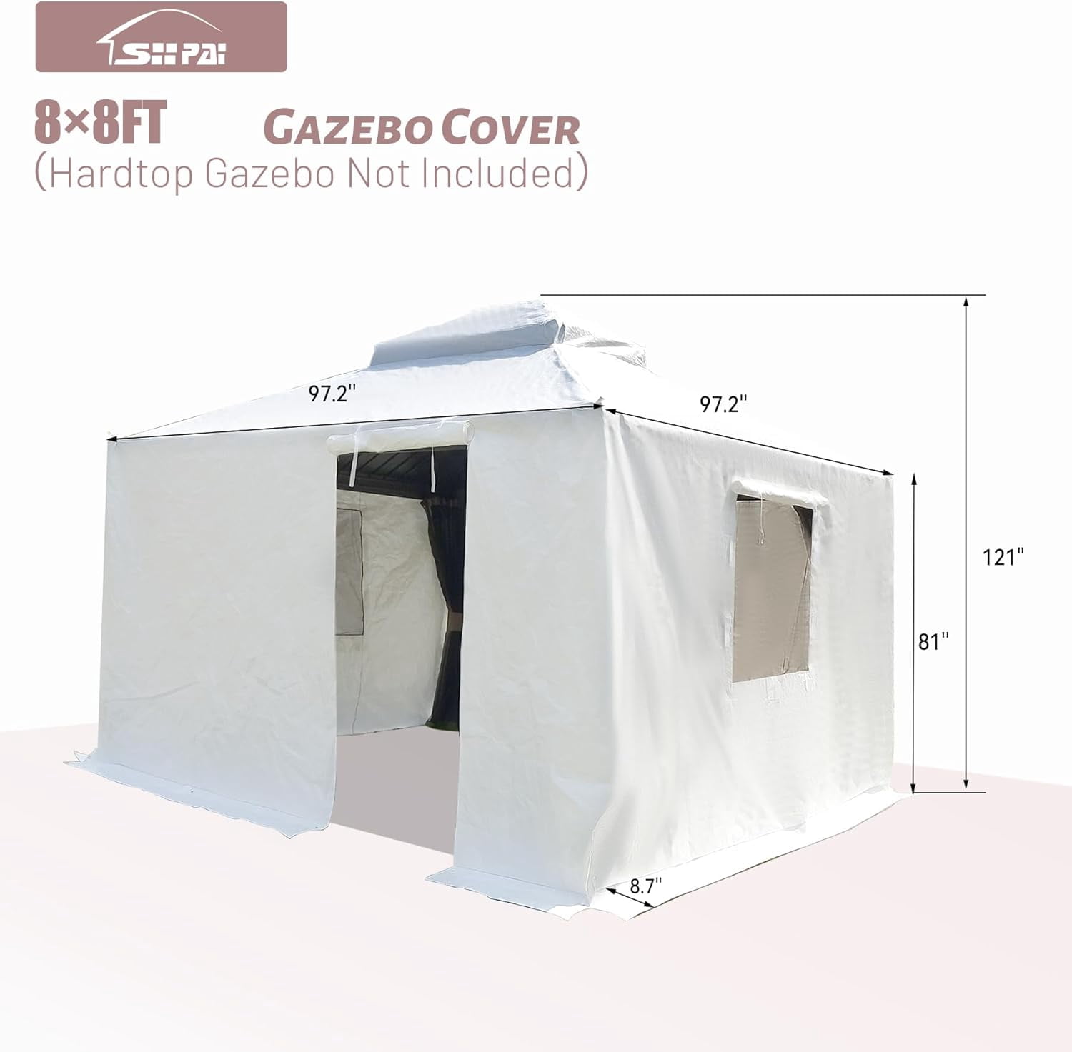 8 x 8 FT Outdoor Hardtop Gazebo Cover With Sidewalls and Mesh Windows, Universal Winter All-Season Waterproof Enclosed, White (Gazebo Not Included)