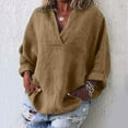 thumbnail image 2 of Womens V Neck Shirts Linen Cotton Long Sleeve Blouse Tunic Tops Cover Up Shirt Loose Beach Bikini Dress Camel L, 2 of 6