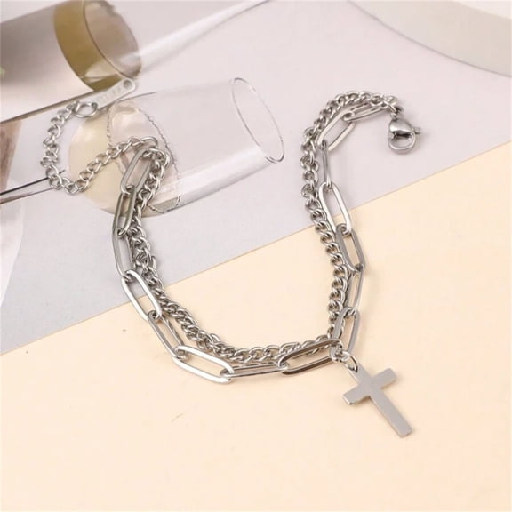 RuiJiao Unisex Stainless Steel Double Layer Pendant Bracelet - Fashionable Cross Charm for Men and Women