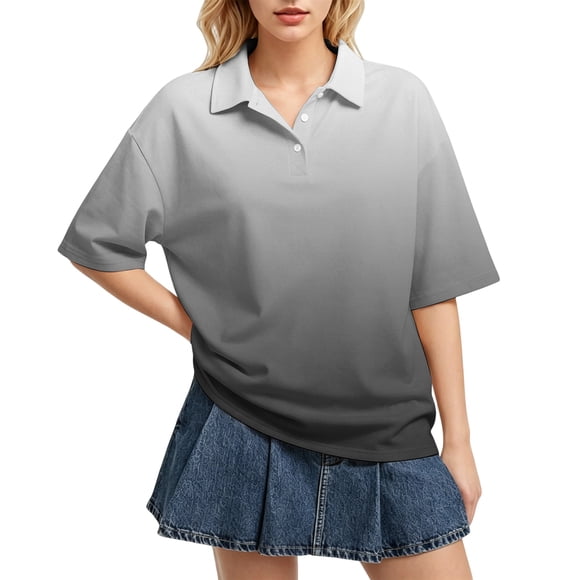 Sewkxo Women's Rugby Shirt Gradient Color Polo T-Shirts Oversized Short Sleeve Lapel V Neck Tee Summer Pullover Tops,Black L