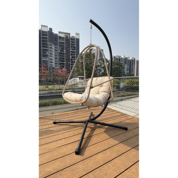 Swing Egg Chair with Stand Indoor Outdoor Wicker Rattan Hanging Chair with Cushion Pillow Cup Holder Foldable 350LBS Load