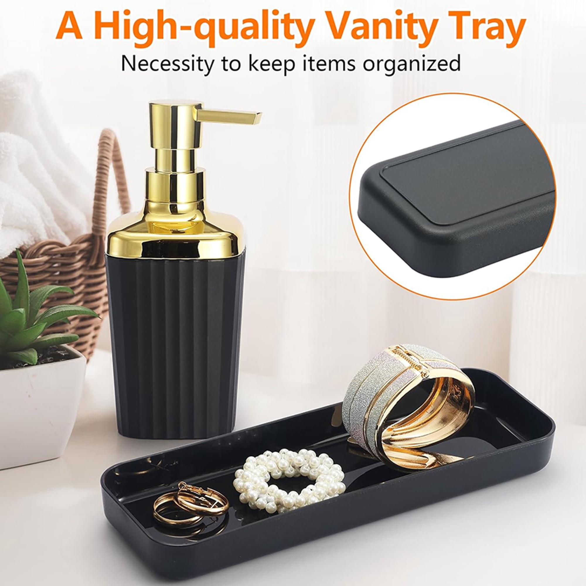 Bathroom Accessories Set,9 Piece Black Bathroom Sets Complete With Toothbrush Holder, Trash Can, Lotion Soap Dispenser, Toothbrush Cup, Vanity Tray, Soap Dish, Toilet Brush, Qtip Holder