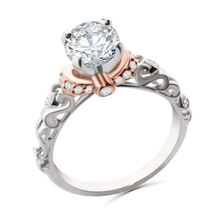 Semi Bezel Solitaire Setting - 14K White Gold and Rose Gold Tone Engagement Ring Semi Mount Setting Fits Upto 1ct Solitaire 0.18ctw Size 8