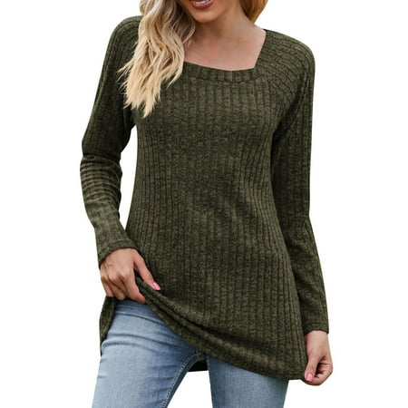 Fimkaul Women s Shirts Winter Fall Long Sleeve Casual Tops Fashion Square Neck Solid Blouses T-Shirts Army Green XXL