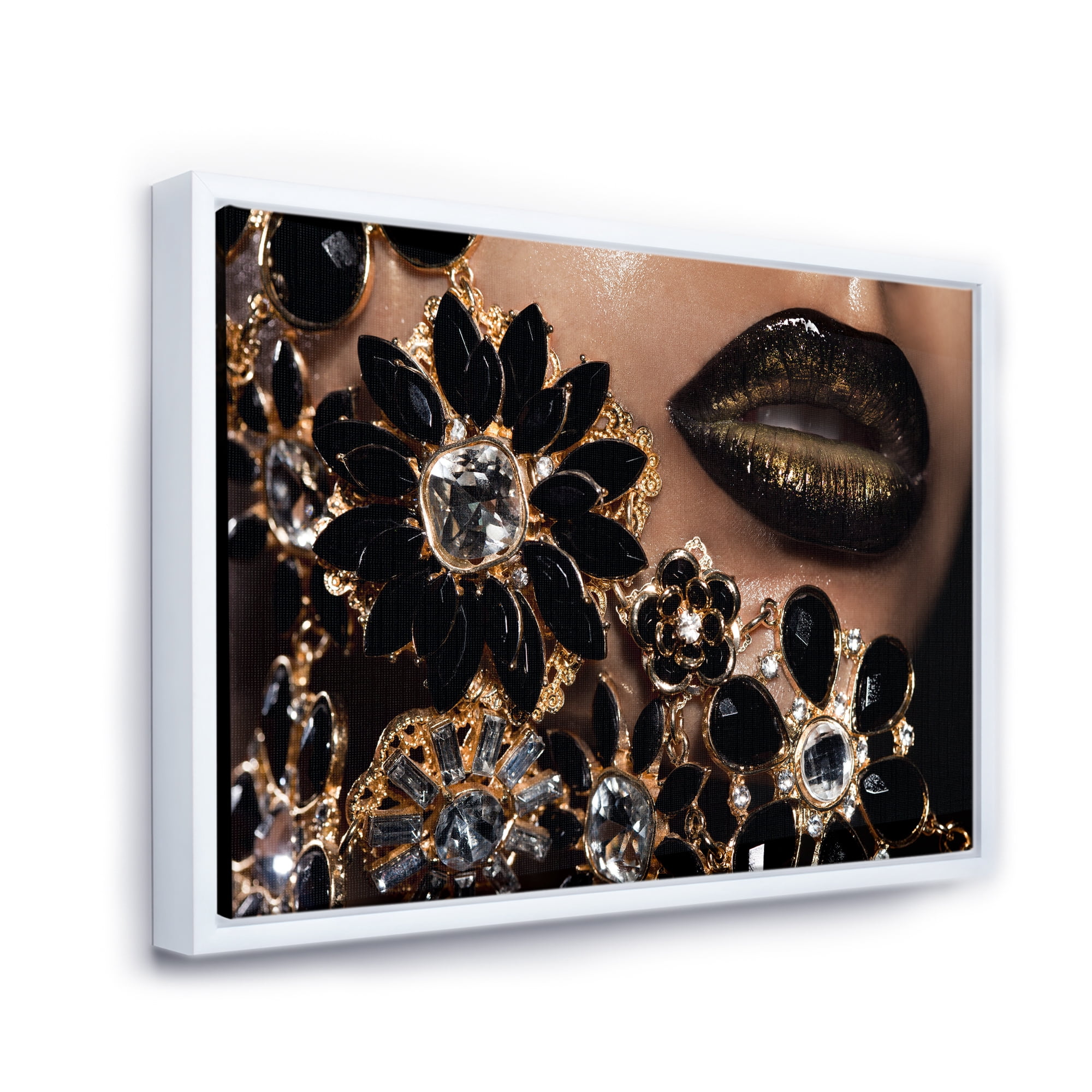 Designart 'Woman Lips With Golden Jewelry' Modern Framed Canvas Wall Art Print