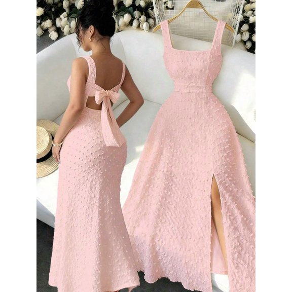 Dusty Pink Square Neck Sleeveless Textured Knit Maxi Dress With Open Back Bowknot, Elegant Fitted Party Gown