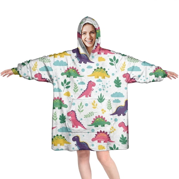 Wearable Oversized Blanket,White Cute Dinosaurs Pattern Wearable Blanket Hoodie for Adults,Cozy Hooded Blankets with Super Pockets,Super Warm Fuzzy Pullover for Women & Men