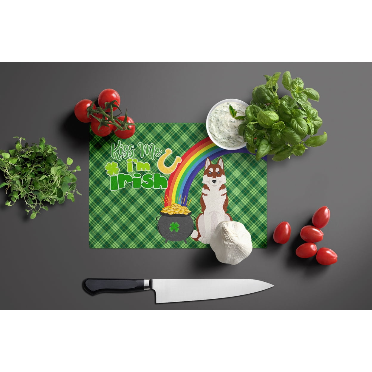 Red Siberian Husky St. Patrick's Day Glass Cutting Board Large 12 in x 15 in