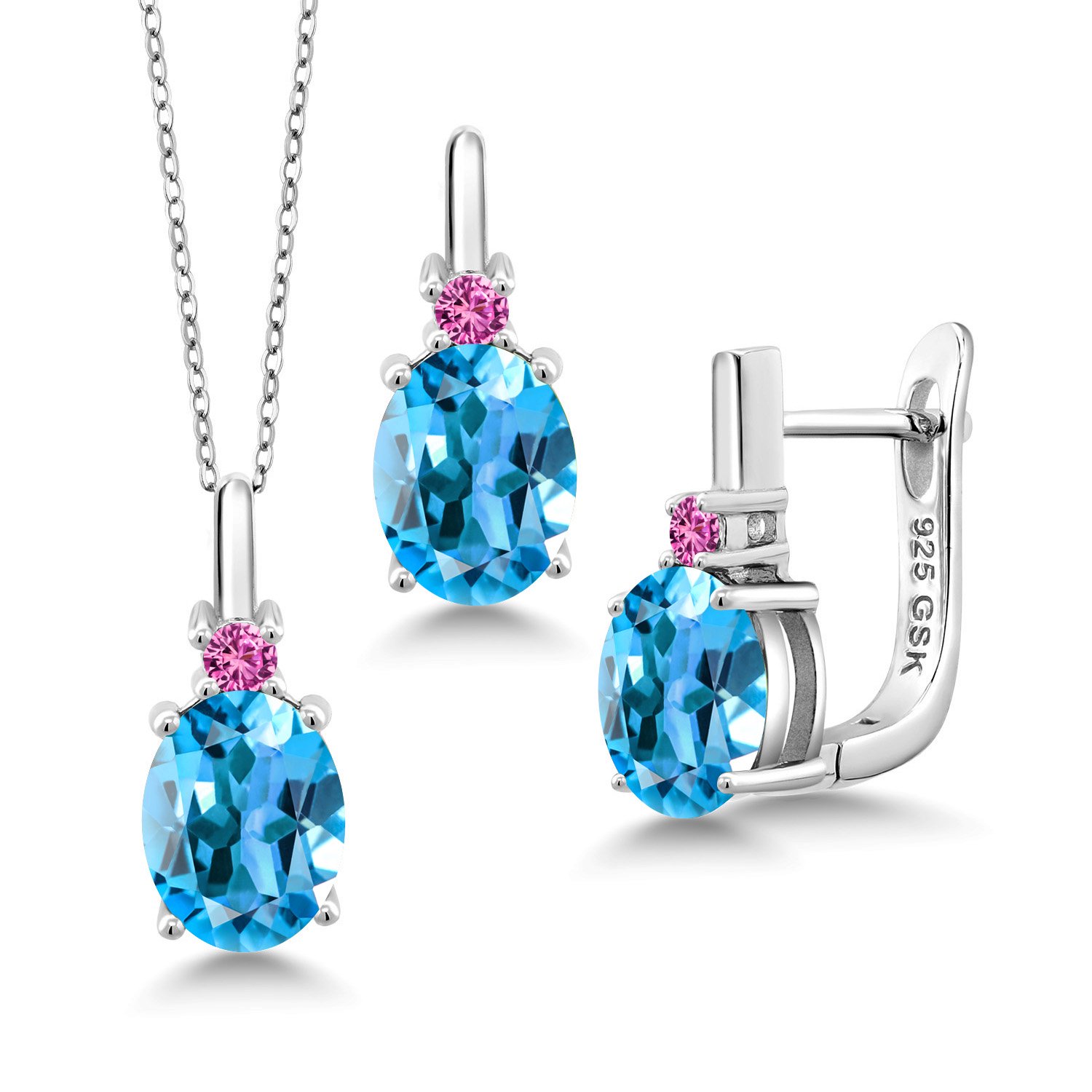 Gem Stone King 6.90 Ct Swiss Blue Topaz Pink Created Sapphire 925 Sterling Silver Pendant and Earrings Jewelry Set