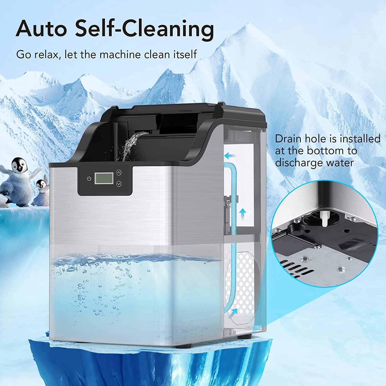 Nugget Ice Maker,Stainless Steel Countertop Pebble Ice Maker, 44LBs/24H, Self-Cleaning & Timer Function, Portable Sonic Ice Maker with Ice Basket & Scoop for Home, Bar