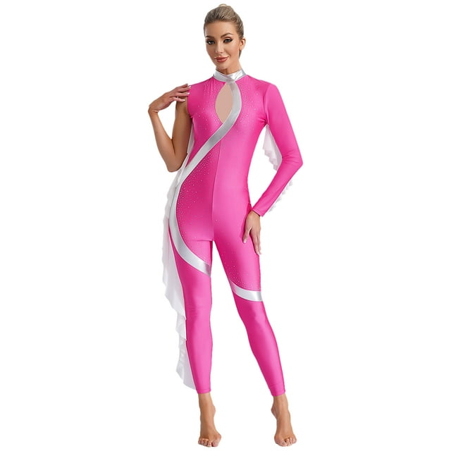 Kaerm Women Acrobatic Gymnastics Performance Jumpsuit Metallic Shiny Rhinestones Full Body Leotard Hot Pink S