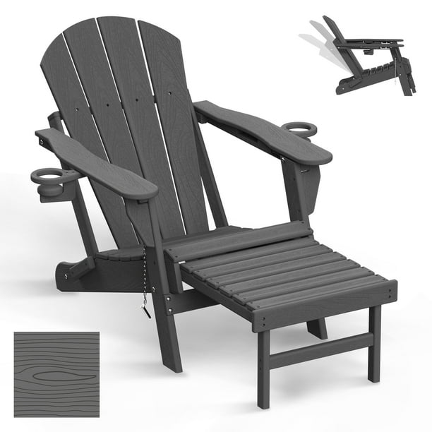 Folding Adirondack Chair with Adjustable Back&Ottoman for Deck Patio
