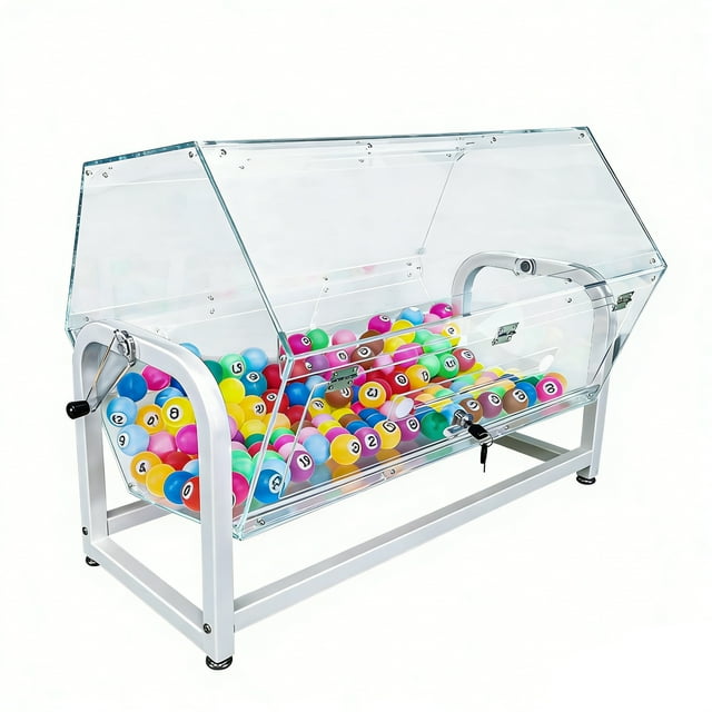 FixtureDisplays® 30x18.5x20.5" Large Clear Acrylic Raffle Drum with White Metal Stand, Lucky Draw Ticket Box for Lottery Games, 800 Pingpong Ball Capacity, Easy Assembly Video in Description 119569