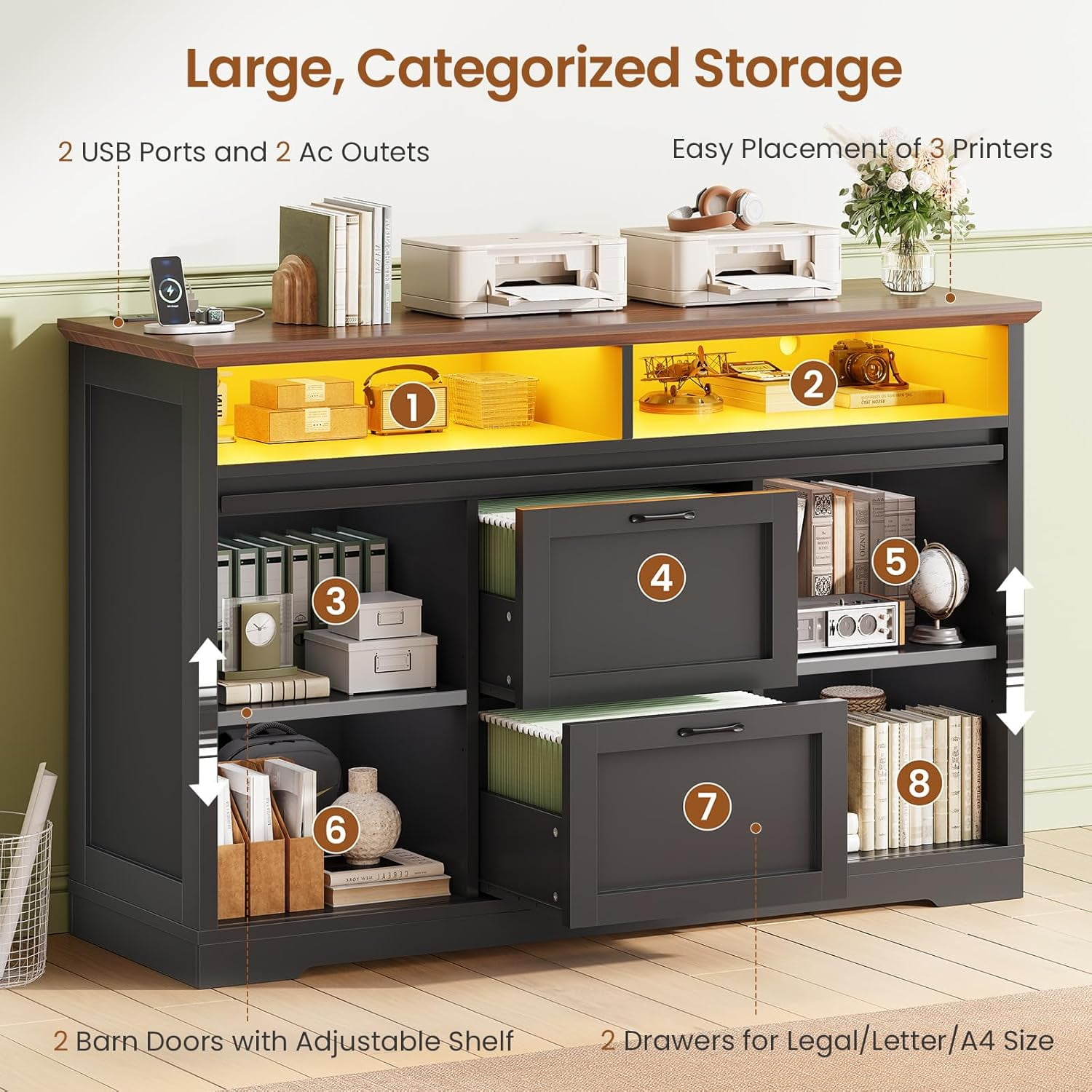 Farmhouse File Cabinet with 2 Drawers, 47" Horizontal filing cabinet with LED Lights & Power Outlets for Office, Filing Cabinet with 2 Sliding Barn Doors, Large Storgae Cabinet for Home, Black