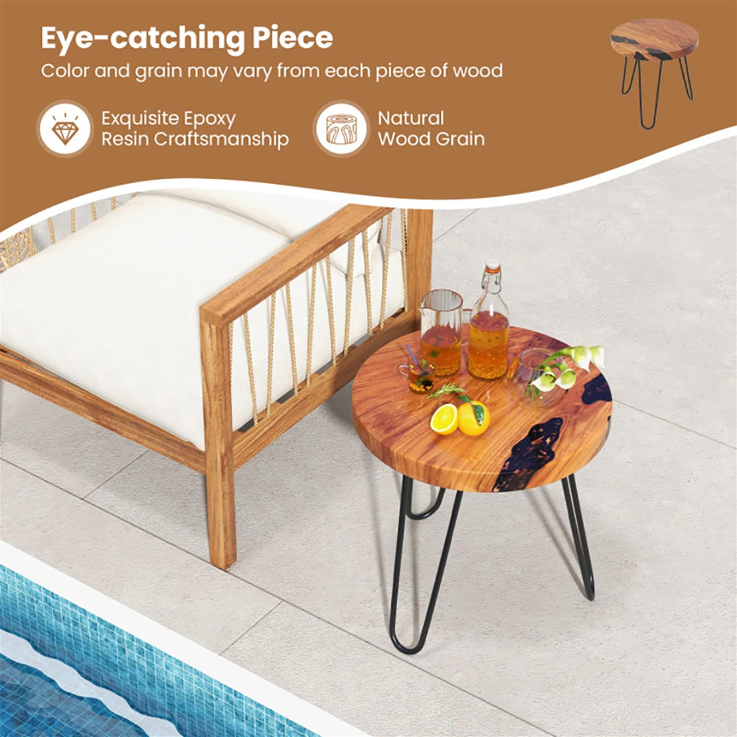 Demi Bonn Solid Live Edge Teak Wood Sofa Side Table, Outdoor Round End Table for Small Spaces, Living Room, Patio, Brown