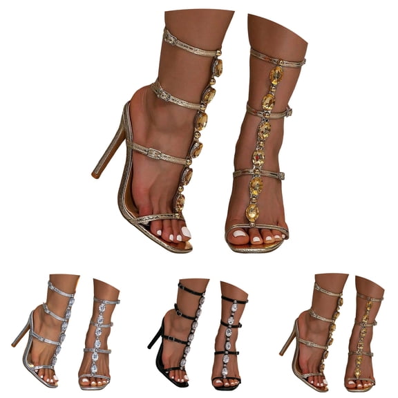 Dakaela Lace Up Heels Sandals for Women Jeweled Strappy High Heeled Sandals Buckles Square Open Toe Thong Stiletto Pumps for Wedding Party (Black,6)