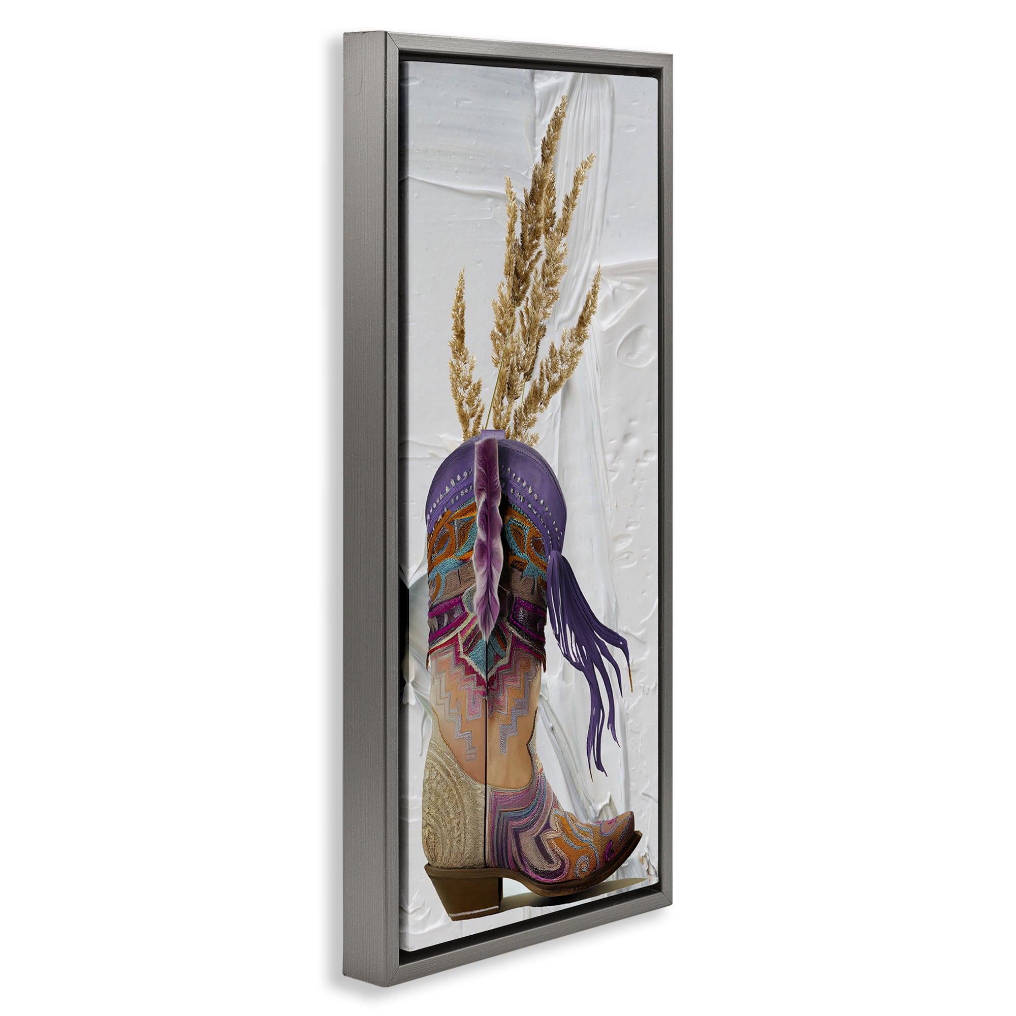 Stupell Industries Cowboy Boot & Wheat Botanical & Floral Painting Gray Floater Framed Canvas Art Print Wall Art, 15 x 31