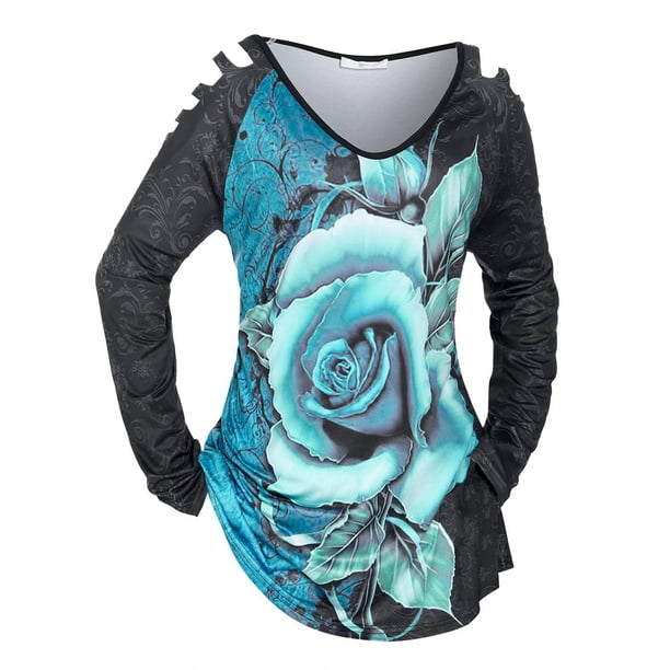Camiseta con Estampado de Rosa Talla Extra Rosegal Mangas largas de talla grande