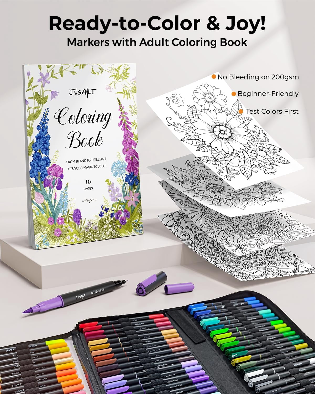 JusArt Markers for Adult Coloring Books No Bleeding, 100 Colors Coloring Markers with Dual Tips, Fine & Brush Pens with Ergonomic Triangle Grip & 33% More Ink, Water-Based Art Drawing Set for Adults