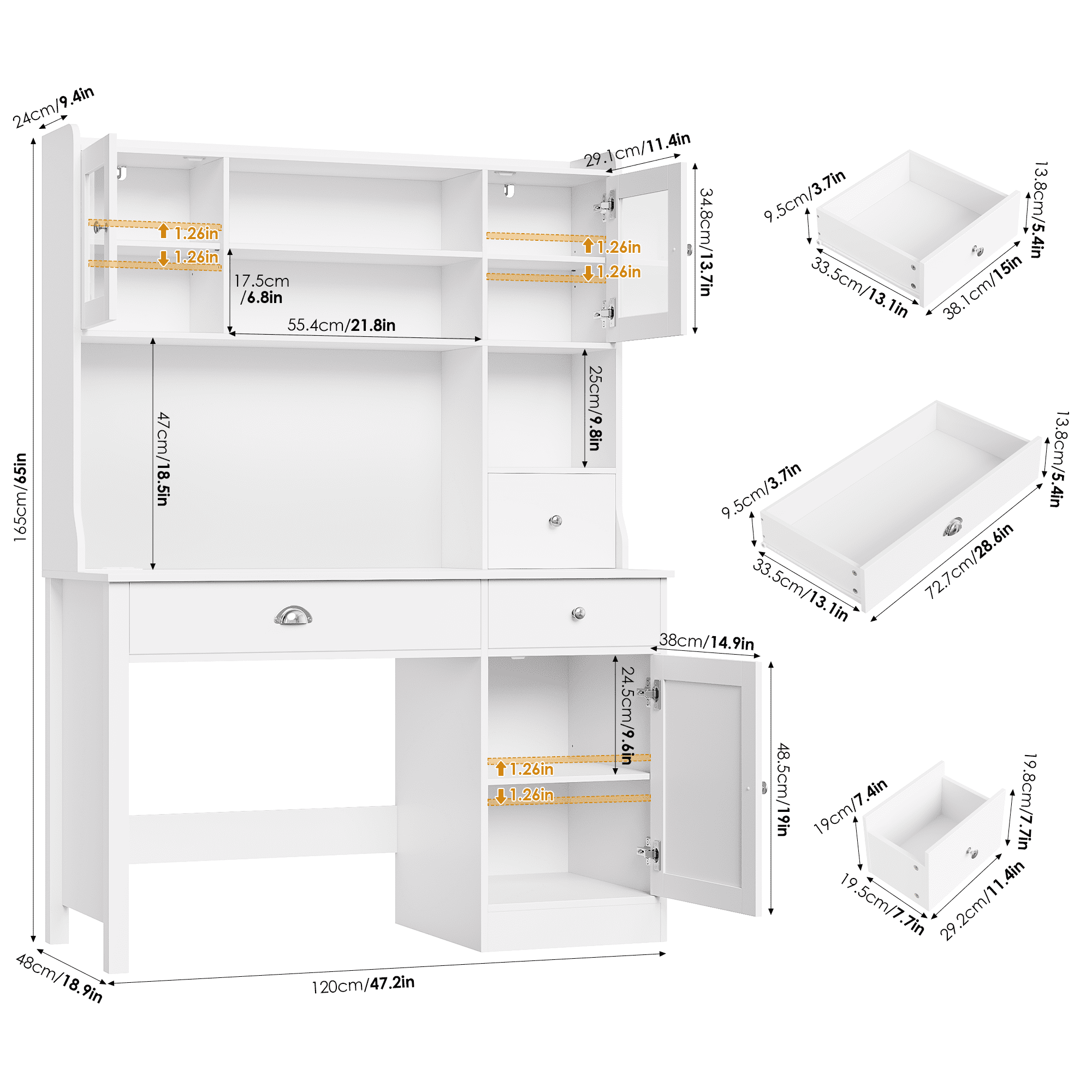 Homfa Executive Desk with Hutch & Power Outlets & LED Lights, Wood Writing Study Table, Home Office Computer Desk with Adjustable Shelves and Drawers, White