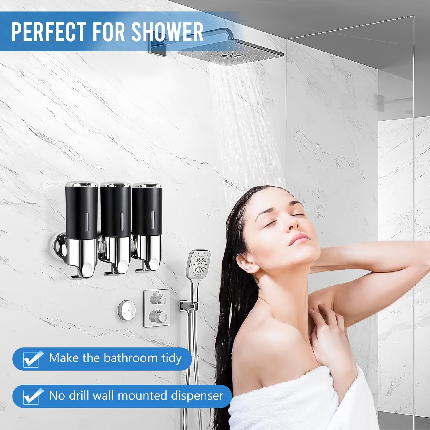 Soap Dispenser - 3 Chamber Black No Drill Bathroom Shampoo and Conditioner Dispenser for Shower, Wall Mounted Largre Capacity Refillable Dipsenser