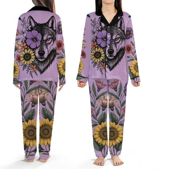 Floral Wolf Pajamas Set- Foral Sunflower Design Nightwear, Purple Pajamas, Gift for Animal Lovers