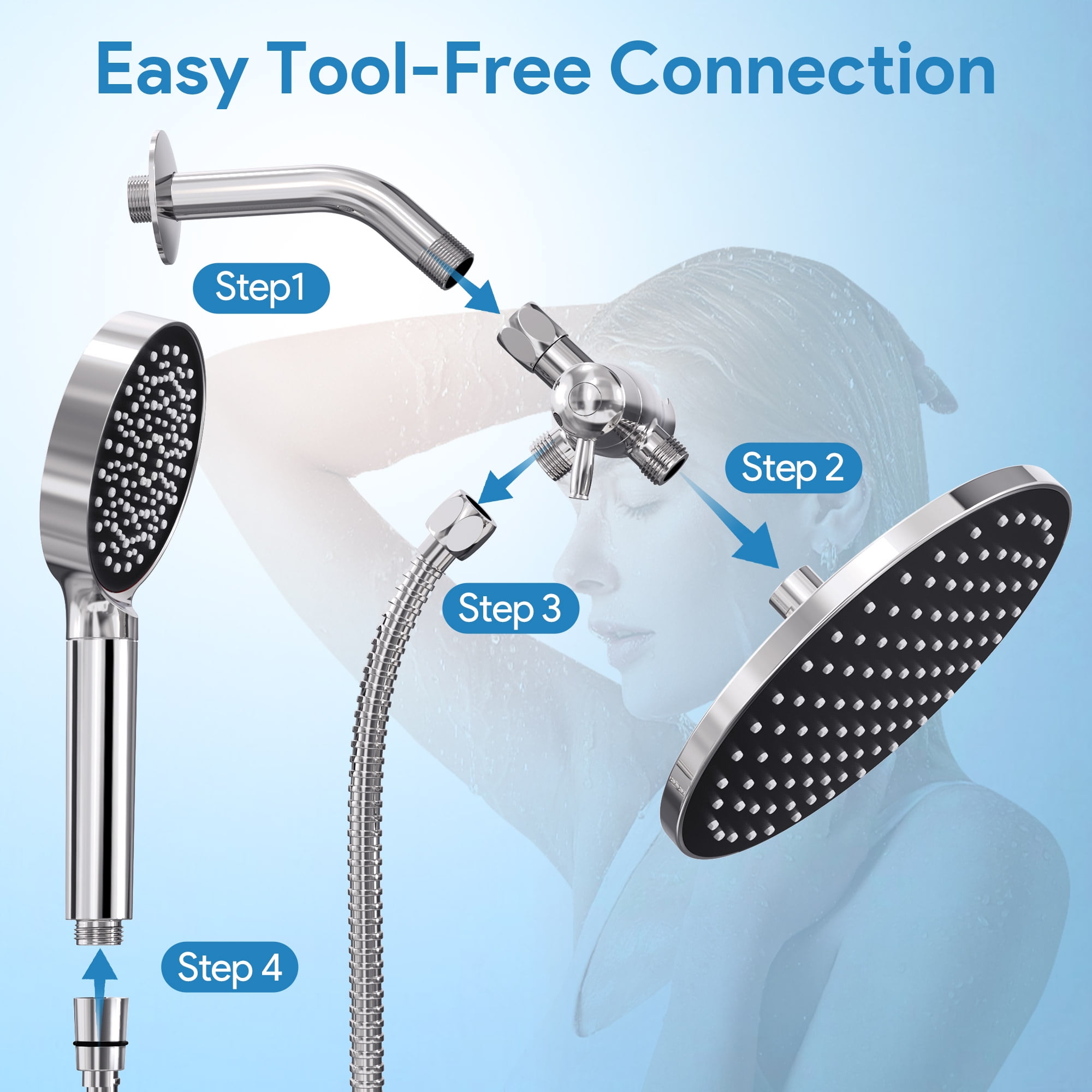 Qunler Dual Shower Head with Filter, 6 Modes 3-Way Rainfall High Pressure Showerhead with Handheld Combo 72" Long Hose, Black