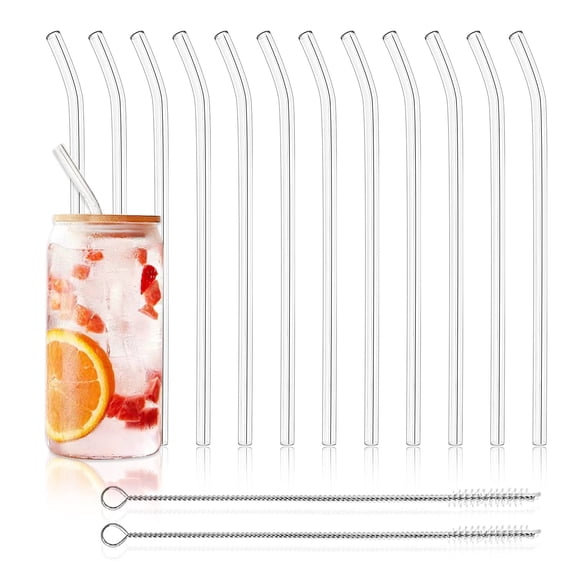 12 Pack Reusable Glass Straws - 8" x 8 MM, 6 Bent and 6 Straight Clear Glass Drinking Straws with 2 Cleaning Brushes, Thin Glass Straws for Smoothies, Milkshake, Frozen Drinks, Tea, Juice